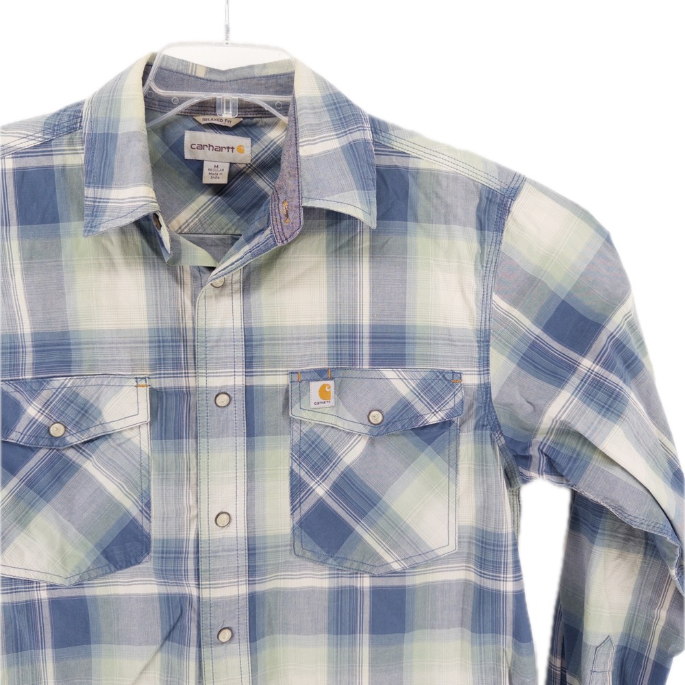 Carhartt Mens M Rugged Flex Lightweight Snap Front Plaid Shirt Blue Workwear